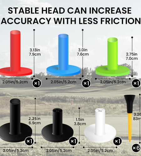 Golf Rubber Tees Value 6 Pack with 6 Plastic Tees 3 1/4 Inch, Driving Range Tee Easy to Find Stable Durable for Golf Mats Turf Practice, Mixed Size 1.5" 2.25" 2.75" 3" 3.13"