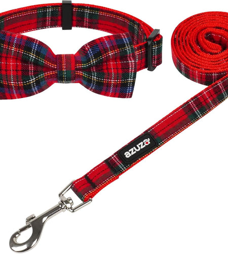 Christmas Buffalo Dog Collar and Leash Set, Classic Plaid Collar with Removable Bowtie and Matching Leash for Large Dogs