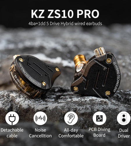 KZ ZS10 Pro in Ear Monitor Earbuds Headphone, Hifi KZ Earphone with 4BA and 1DD Drivers, KZ Upgraded ZS10 Pro with Detachable 0.75Mm 2 Pin 6N OFC Cable (Black No Mic)