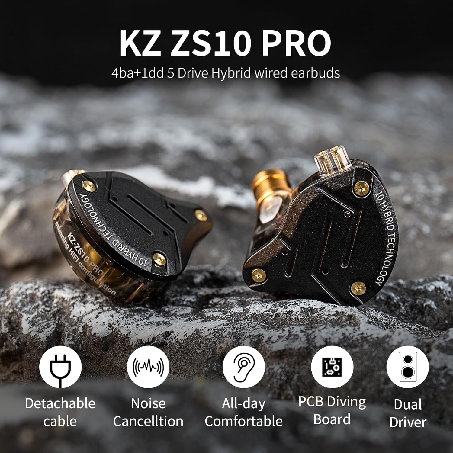 KZ ZS10 Pro in Ear Monitor Earbuds Headphone, Hifi KZ Earphone with 4BA and 1DD Drivers, KZ Upgraded ZS10 Pro with Detachable 0.75Mm 2 Pin 6N OFC Cable (Black No Mic)