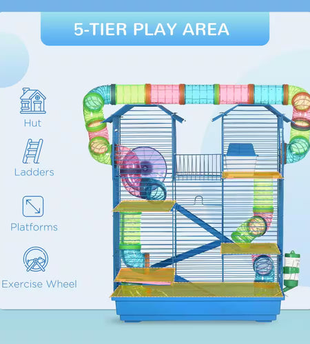 5-Tier Hamster Cage with Tubes and Tunnels, Water Bottle, Food Dish, Exercise Wheel
