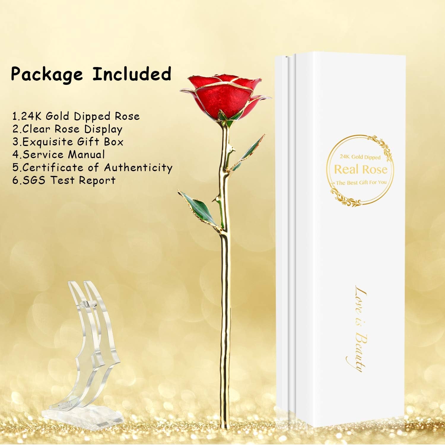 Valentines Day Gift Rose,24K Gold Real Rose Gift for Her and Great Valentines Gift for Her Rose, Red Rose with Stand
