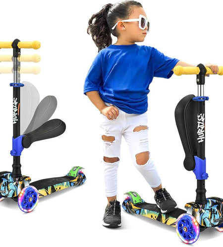 3-Wheeled Scooter for Kids - Wheel LED Lights, Adjustable Lean-To-Steer Handlebar, and Foldable Seat - Sit or Stand Ride with Brake for Boys and Girls Ages 1-14 Years Old