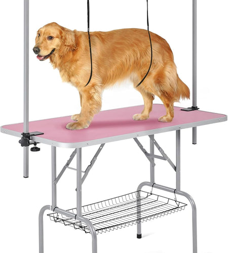 46'' Pet Grooming Table for Large Dogs Adjustable Height - Portable Trimming Table Drying Table W/Arm/Noose/Mesh Tray Maximum Capacity up to 265Lb -Pink
